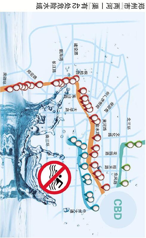 今日,大河报·大河客户端专门绘制了郑州市"两河一渠"危险水域地图